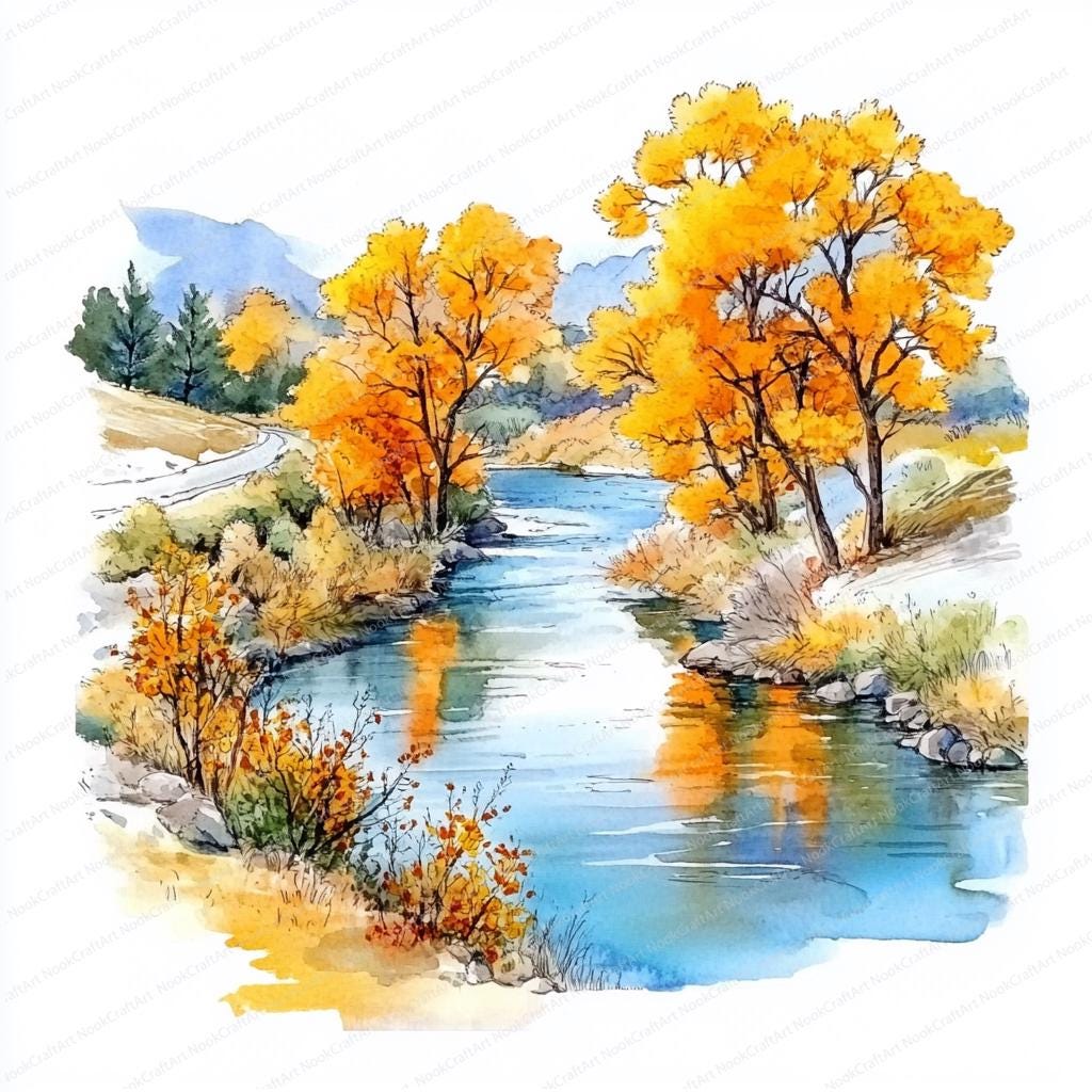 16 秋の川のクリップアート | 水彩画の川の風景 | 印刷可能なクリップ