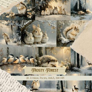Könnte beinhalten: Eine Collage von Winterwaldszenen mit verschiedenen Tieren. Die Bilder zeigen Kaninchen, Eichhörnchen, Vögel und einen Igel in einer verschneiten Landschaft. Der Text "Frosty Forest" ist auf einem Banner zu sehen, zusammen mit Details zu den Journalseiten.