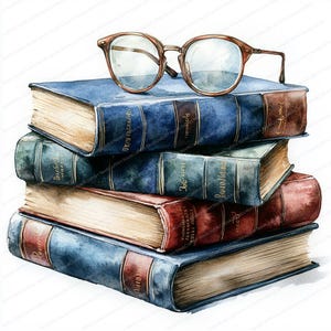 May include: Watercolor illustration of a stack of antique books in shades of blue, red, and brown. A pair of round, brown-framed eyeglasses rests on top. The books have gold-colored pages and text on the spines.