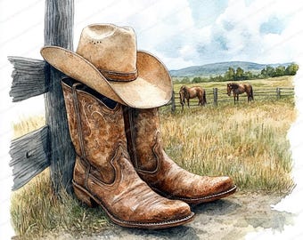 21 botas y sombrero de vaquero / Ilustración digital rústica de rancho / Clipart de acuarela imprimible / JPG de alta calidad / Manualidades de papel