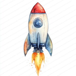 18 imágenes prediseñadas de cohetes espaciales / Ilustración divertida de cohetes / Imágenes prediseñadas de acuarela imprimibles / JPG de alta calidad / Manualidades de papel / Diario basura