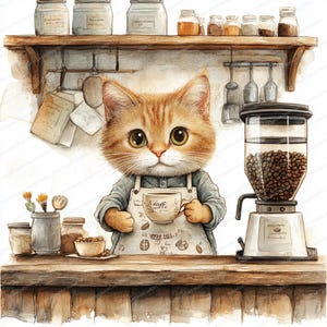 20 Clipartów z Kotami w Kawiarni | Urocze Ilustracje Kocich Baristów | Cliparty Akwarelowe Do Wydrukowania | Wysokiej Jakości JPG | Rękodzieło Papierowe | Dziennik