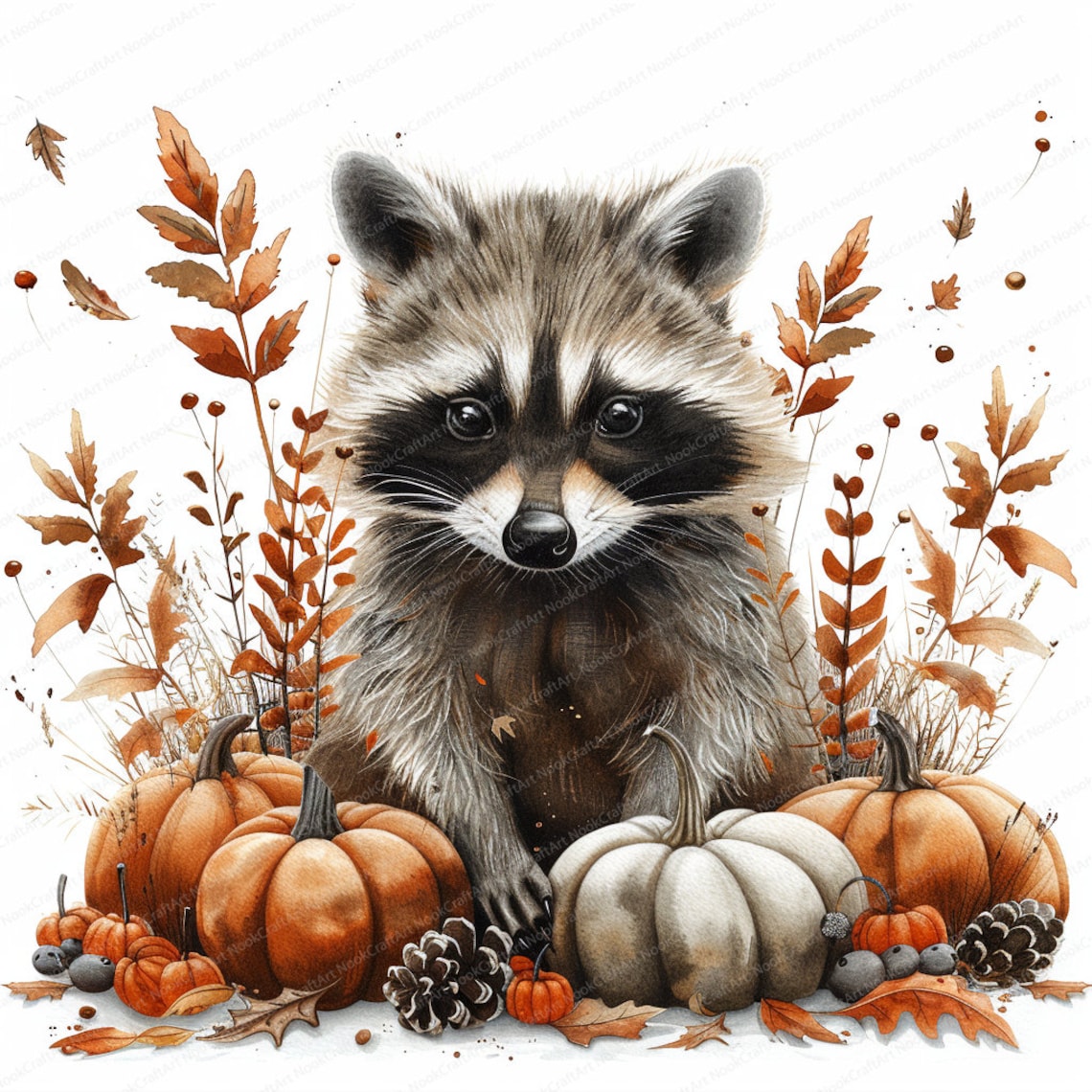 12 Cute Fall Raccoons Clipart | Watercolor Autumn Raccoon | High ...