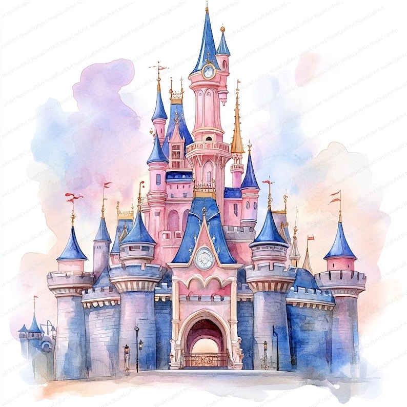 May include: A watercolour painting of a pink and blue castle with multiple towers and spires. The castle has a large arched entrance and is surrounded by a white background.