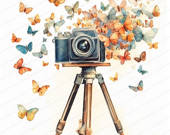 24 Vintage Camera Butterfly Clipart | Whimsical Retro Photography Art | Printable Watercolor clipart | High Quality JPGs | Paper craft