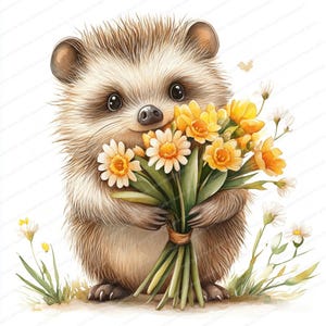 18 hérisson avec des fleurs printanières Clipart | Illustration de bouquet d'animaux mignon | Clipart aquarelle imprimable | JPG de haute qualité | Créations en papier