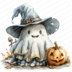 Peut inclure: Illustration &agrave; l'aquarelle d'un fant&ocirc;me amical portant un chapeau de sorci&egrave;re bleu avec une ceinture et une boucle marron. Une citrouille orange sculpt&eacute;e est pos&eacute;e &agrave; c&ocirc;t&eacute; du fant&ocirc;me. Le fant&ocirc;me sourit, et la sc&egrave;ne a un th&egrave;me d'Halloween.
