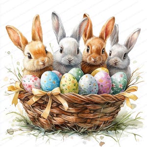 23 Clipart panier lapin | Illustration mignonne de lapins de Pâques | Clipart aquarelle imprimable | JPG de haute qualité | Créations en papier | Journal indésirable