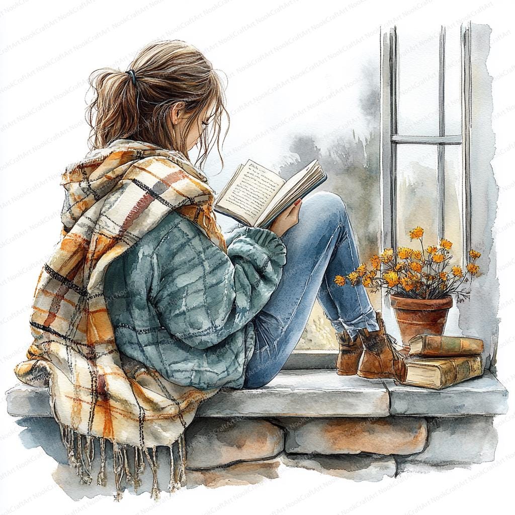 20 Reading Girl Clipart | Cozy Windowsill Book Lover | Printable Watercolor clipart | High Quality JPGs | Paper craft | Junk journal