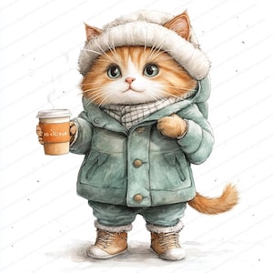 14 Kitten with a Coffee Clipart | Whimsical Cat Clipart | Charming Cat Clipart | High Quality JPGs | Digital download | Paper craft