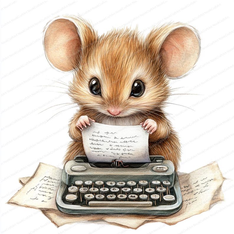 May include: A cute brown mouse with big eyes is holding a piece of paper and sitting at a vintage typewriter. The typewriter is on a table with a piece of paper on it.