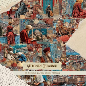 Peut inclure: Un collage d'images sur le thème d'Istanbul ottoman. Les images comprennent des personnes en vêtements traditionnels, des paysages urbains et des détails architecturaux. Le texte "Ottoman Istanbul" est affiché sur une bannière, avec des détails sur les pages du journal.