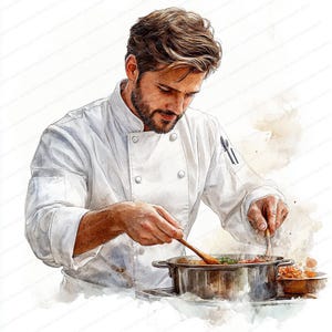 20 Chef Cooking Clipart | Cook with Pot and Spoon | Printable Watercolor clipart | High Quality JPGs | Paper craft | Junk journal