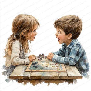 18 Kinder Brettspiel Clipart | Kinder Spielen am Tisch Illustration | Druckbare Aquarell Clipart | Hochwertige JPGs | Junk Journal