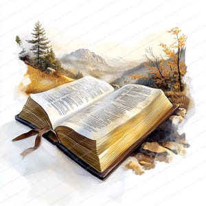 May include: An open book with a brown leather cover and gold-toned pages. The book is resting on a rocky surface with a scenic background of mountains and trees.