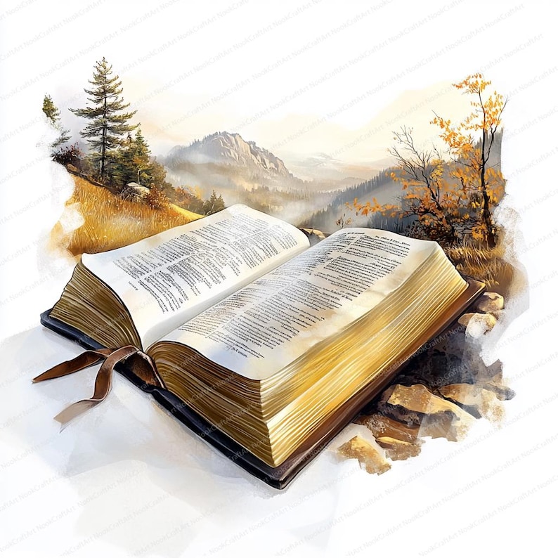 May include: An open book with a brown leather cover and gold-toned pages. The book is resting on a rocky surface with a scenic background of mountains and trees.