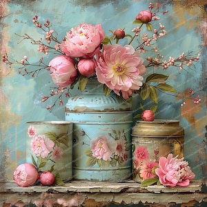 11 imágenes prediseñadas de latas y flores estilo retro shabby chic / Imágenes prediseñadas de acuarela imprimibles / JPG de alta calidad / Descarga digital / Manualidades de papel, diarios