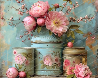 11 lattine e fiori retrò shabby chic clipart / clipart acquerello stampabile / JPG di alta qualità / download digitale / artigianato di carta, diari