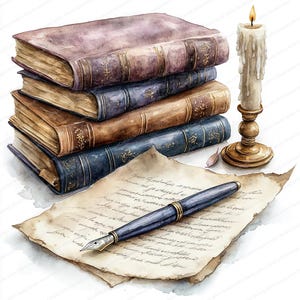 Puede incluir: Ilustración en acuarela de una pila de libros antiguos en tonos marrones y azules. Una vela encendida en un candelabro dorado, una carta manuscrita y una pluma estilográfica azul completan la escena. Tema literario vintage.