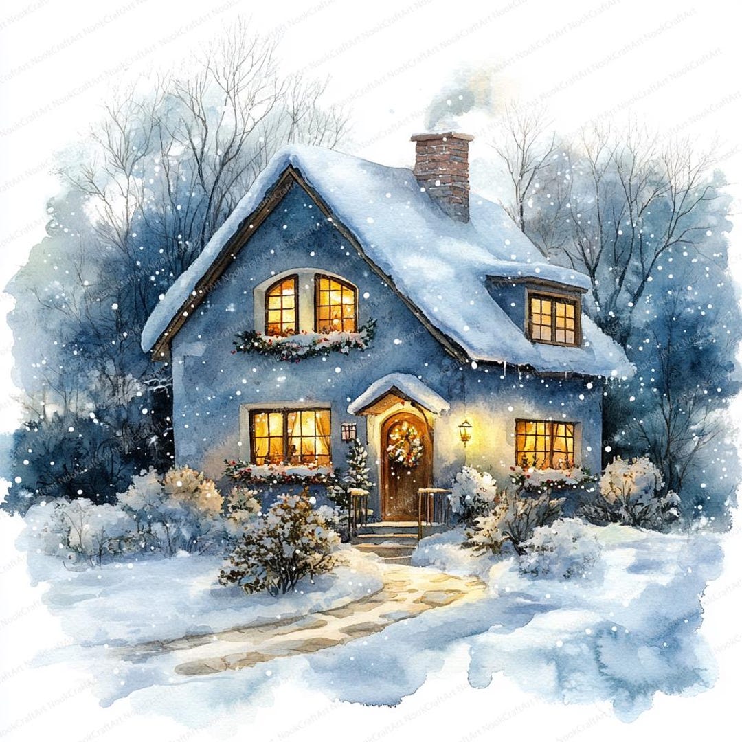 18 Cozy Snowy Cottage Clipart | Warm Winter House Illustration ...