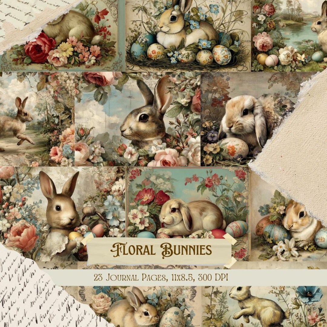 Floral Bunnies Junk Journal Kit | Spring Rabbit Garden Collage Sheets ...