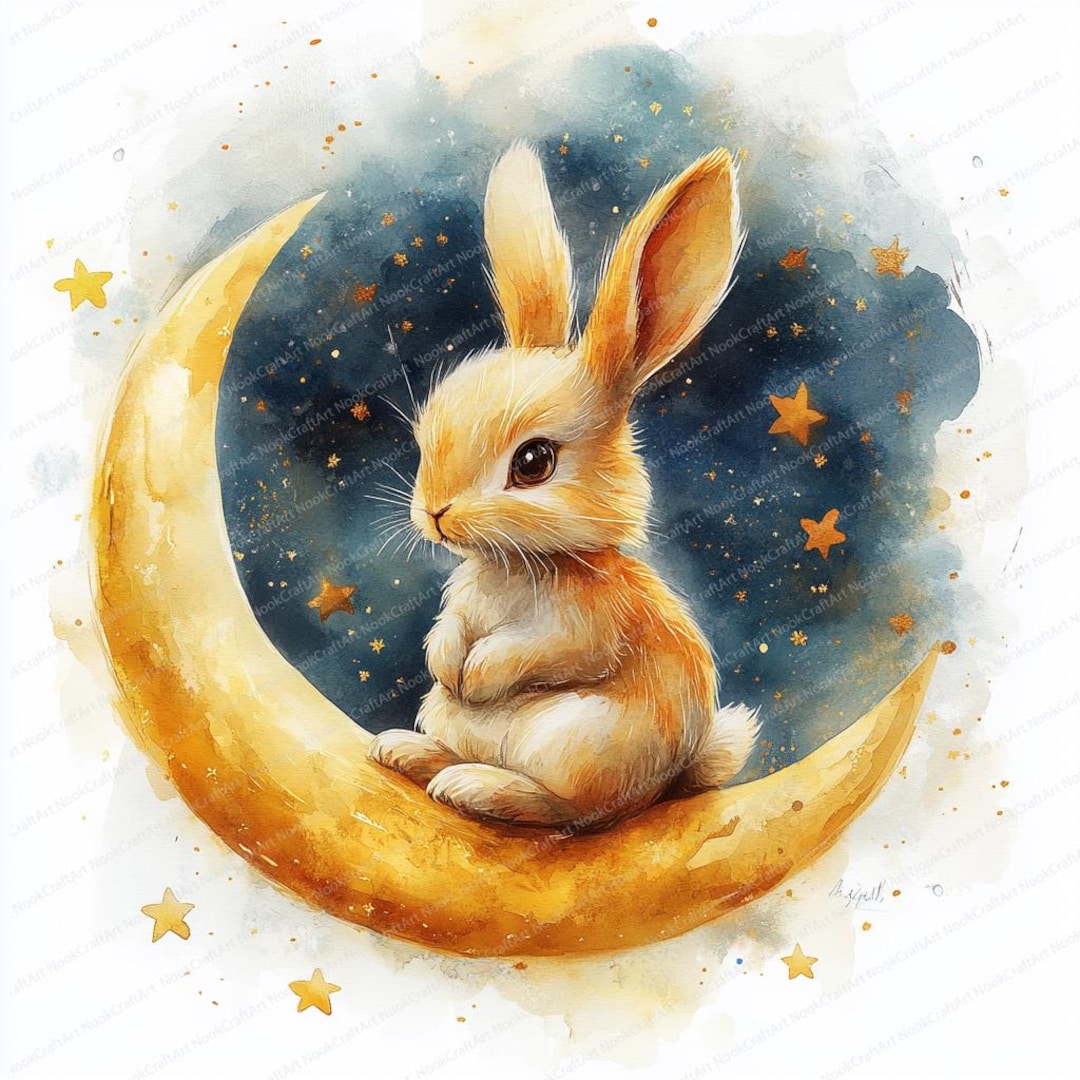 19 Moon Rabbit Clipart | Celestial Crescent Among Stars| Printable ...
