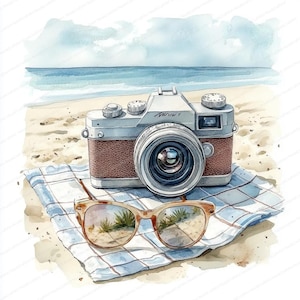 17 Vintage Strand Kamera Clipart | Retro Sonnenbrillen Fotografie Kunst | Druckbare Aquarell Clipart | Hochwertige JPGs | Papierhandwerk