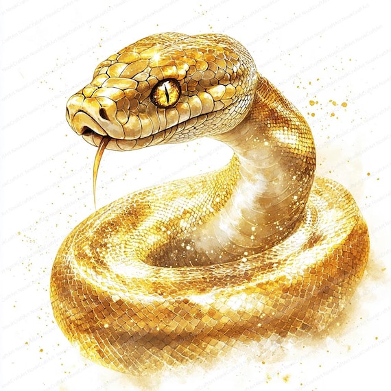 蛇の水彩画　値引き！！ 金色の蛇の水彩画クリップアート：印刷可能な昇華デザイン（デジタル