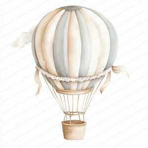 Op de afbeelding: Een aquarel-illustratie van een luchtballon met een mand. De ballon is gestreept met lichtbruin en grijs en heeft een witte kantversiering. De ballon is vastgebonden met een lichtbruin lint.