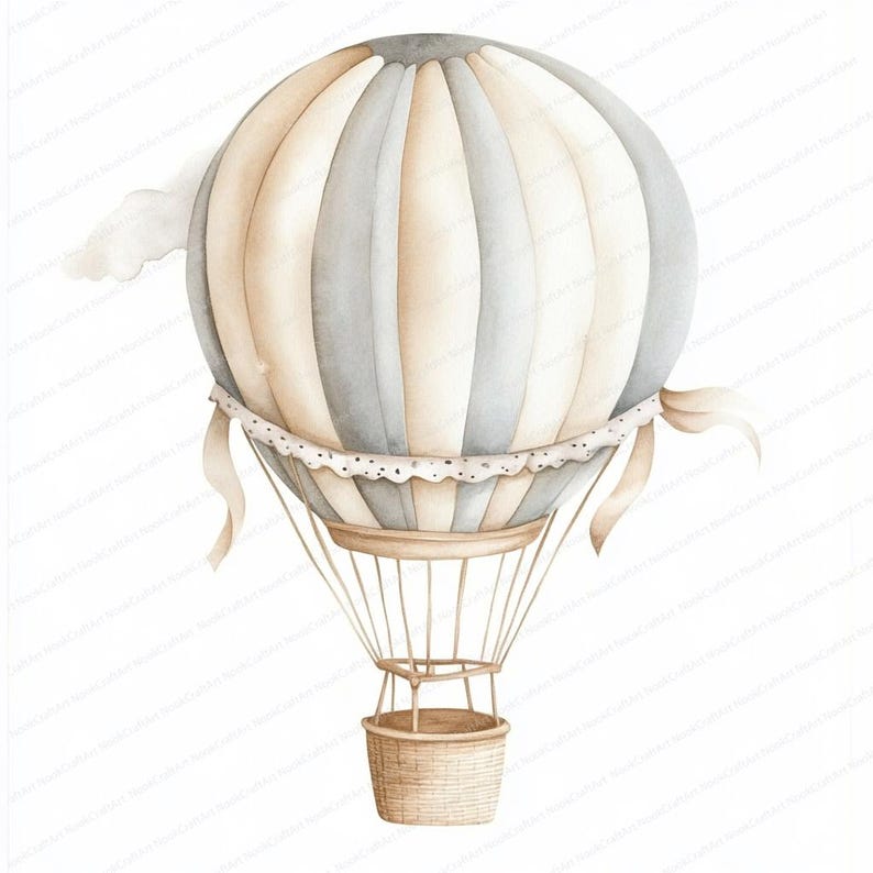 Op de afbeelding: Een aquarel-illustratie van een luchtballon met een mand. De ballon is gestreept met lichtbruin en grijs en heeft een witte kantversiering. De ballon is vastgebonden met een lichtbruin lint.