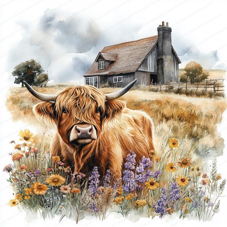 May include: A brown Highland cow with long, shaggy hair stands in a field of wildflowers. The cow is looking directly at the camera. A wooden farmhouse is visible in the background.
