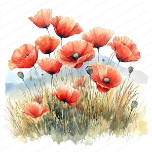20 Mohnblumen Clipart | Sommermorgen Rote Blumen | Druckbare Aquarell Clipart | Hochwertige JPGs | Papiermodell | Junk Journal