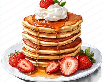 20 Pancake Breakfast Clipart | Syrup Strawberry Whipped Delight | Printable Watercolor clipart | High Quality JPGs | Paper craft | journal