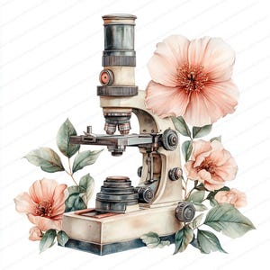 May include: A watercolour illustration of a vintage microscope, surrounded by peach-coloured flowers and green leaves. The microscope is beige with black and silver details. The flowers have a delicate, layered petal design.
