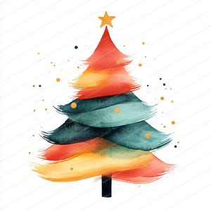 Peut inclure: Illustration aquarelle d'un sapin de No&euml;l avec une &eacute;toile. L'arbre pr&eacute;sente des couches de coups de pinceau rouges, oranges, turquoise et jaunes. Des paillettes dor&eacute;es et un tronc noir compl&egrave;tent le design festif, id&eacute;al pour les d&eacute;corations de f&ecirc;tes.