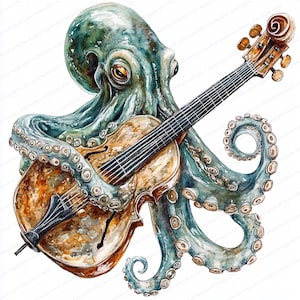 Può includere: Un dipinto ad acquerello di un polpo che suona un violoncello. Il polpo è verde e blu con un violoncello marrone. Il polpo ha otto tentacoli e tiene il violoncello con i suoi tentacoli.
