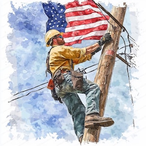 May include: A worker wearing a yellow shirt and a hard hat climbs a wooden utility pole with an American flag waving in the background.