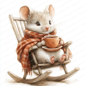 16 Gemütliche Maus Clipart | Entspannende Schaukelstuhl Illustration | Druckbare Aquarell Clipart | Hochwertige JPGs | Papiermodell | Junk Journal