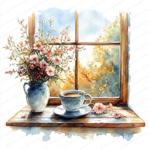 19 imágenes prediseñadas de café romántico matutino / atmósfera floral en una ventana / imágenes prediseñadas de acuarela imprimibles / archivos JPG de alta calidad / manualidades de papel / diario basura