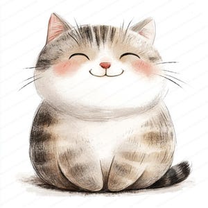 May include: A cute cartoon illustration of a smiling, gray and white tabby cat with closed eyes. The cat is sitting with its paws tucked under its body.