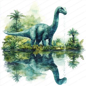 Może przedstawiać: Akwarela przedstawiająca turkusowego dinozaura Brachiozaura w bujnym, zielonym otoczeniu. Dinozaur odbija się w wodzie, otoczony palmami i liśćmi. Dzieło ma miękki, artystyczny styl.
