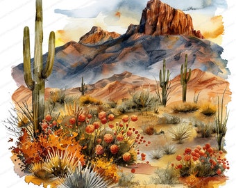 16 Imágenes prediseñadas del desierto / Imágenes prediseñadas que representan el desierto árido / Imágenes prediseñadas de acuarela imprimibles / JPG de alta calidad / Descarga digital / Artesanía de papel