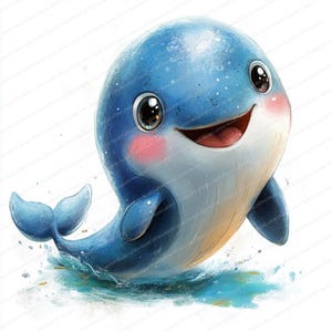 16 lindas ballenas de dibujos animados / adorables ilustraciones de animales del océano / imágenes prediseñadas de acuarela imprimibles / archivos JPG de alta calidad / diario basura