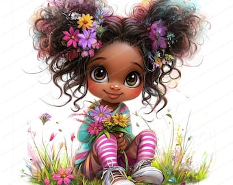 May include: A young girl with dark brown curly hair and brown eyes is sitting in a field of flowers. She is wearing a blue and pink striped shirt and pink and white striped leggings. She is holding a bouquet of flowers in her hands.