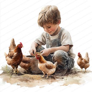 20 Clipart di un ragazzo di campagna che dà da mangiare ai polli / Illustrazione di vita di campagna rustica / Clipart di acquerelli stampabili / JPG di alta qualità / Diario spazzatura