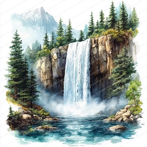 20 waterval dennenbos clipart | Natuurlandschapskunstontwerp | Afdrukbare aquarel clipart | Hoge kwaliteit JPG's | Papierkunst | dagboek