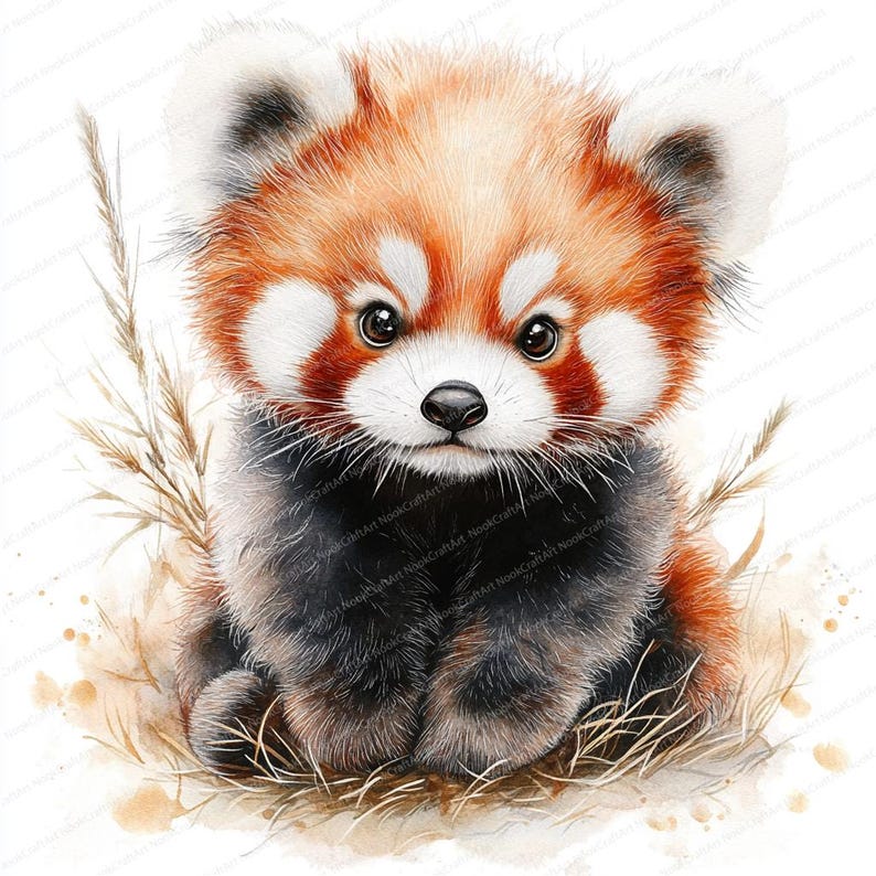 K&ouml;nnte beinhalten: Ein Aquarellbild eines Roten Pandas, der auf einem Bett aus braunem Gras sitzt. Der Rote Panda hat ein flauschiges rot-wei&szlig;es Fell und schwarze Beine. Der Rote Panda schaut direkt auf den Betrachter.
