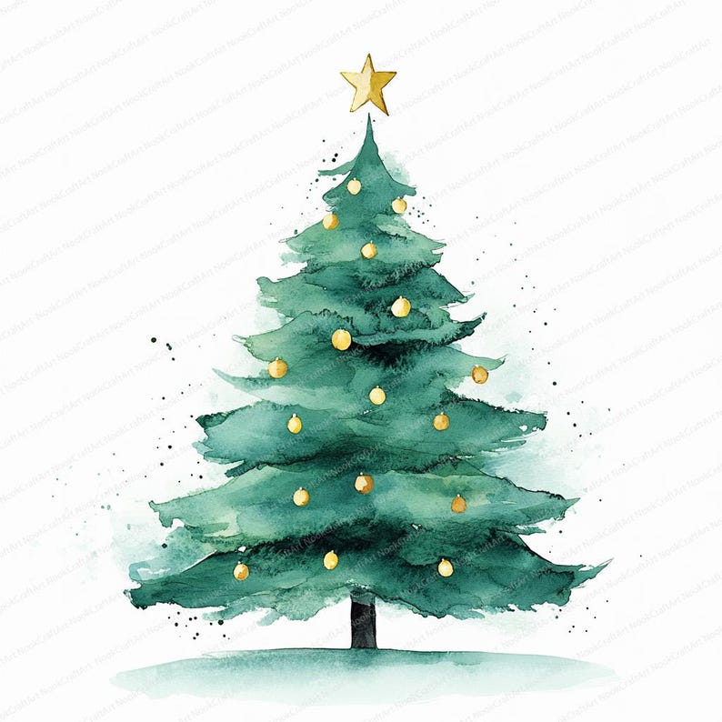 Peut inclure: Illustration &agrave; l'aquarelle d'un sapin de No&euml;l vert fonc&eacute; avec une &eacute;toile dor&eacute;e au sommet et des boules dor&eacute;es. Le tronc est noir et la base est vert clair. Fond blanc avec des &eacute;claboussures noires.