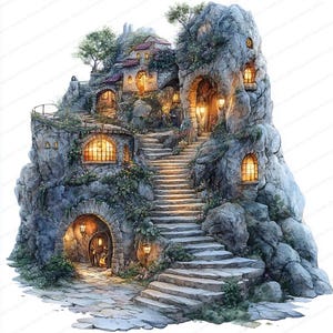 Puede incluir: Ilustración en acuarela de un pueblo de fantasía construido en un acantilado rocoso. Escaleras de piedra y puertas arqueadas conducen a ventanas y edificios iluminados. Faroles y vegetación añaden detalles a la escena.