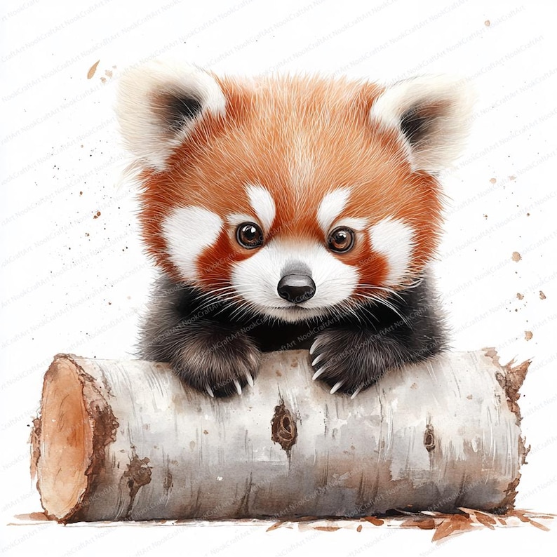 K&ouml;nnte beinhalten: Ein rotes Pandab&auml;rchen mit wei&szlig;en Markierungen um die Augen und einer schwarzen Nase sitzt auf einem Baumstamm. Der rote Panda hat schwarze Pfoten und schaut direkt auf den Betrachter. Der Baumstamm ist hellbraun mit wei&szlig;en Markierungen.